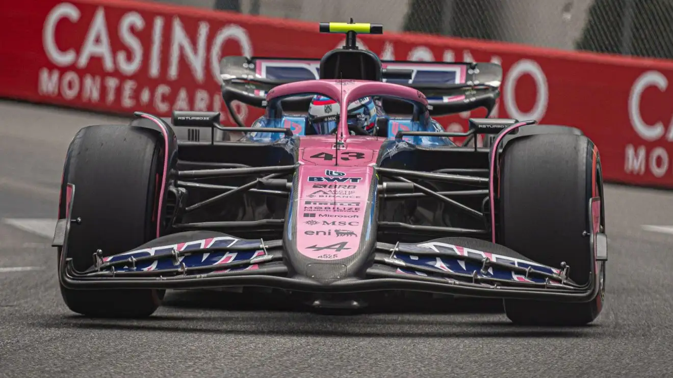 c-1374 Franco Colapinto races towards the camera in his Alpine during practice for the Monaco Grand Prix.