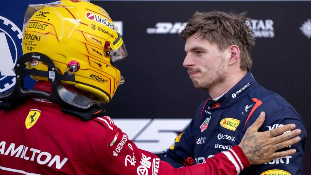 c-1410 Lewis Hamilton and Max Verstappen in discussion after 2025 Monaco Grand Prix qualifying