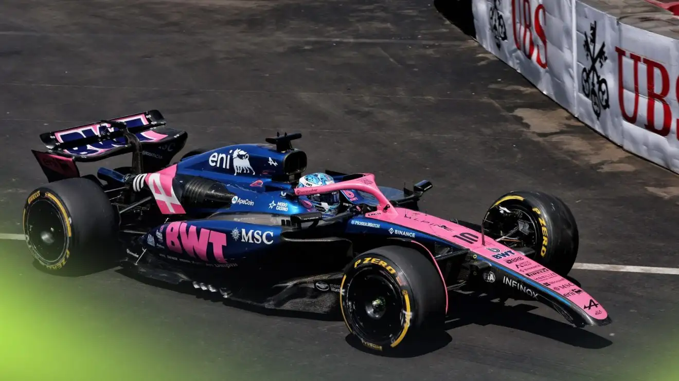 c-1496 Pierre Gasly's Alpine pictured with damage after colliding with Yuki Tsunoda at the 2025 Monaco Grand Prix
