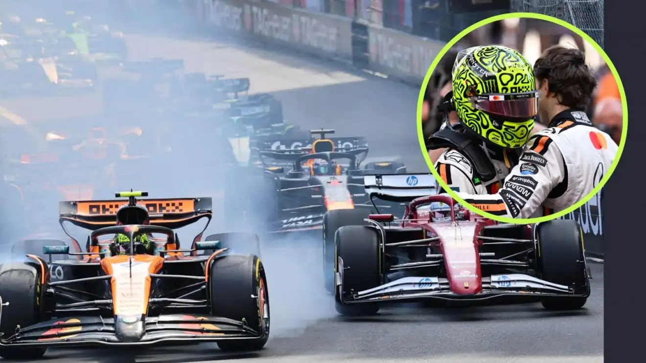 c-1499 Monaco GP start and McLaren team-mates celebrate