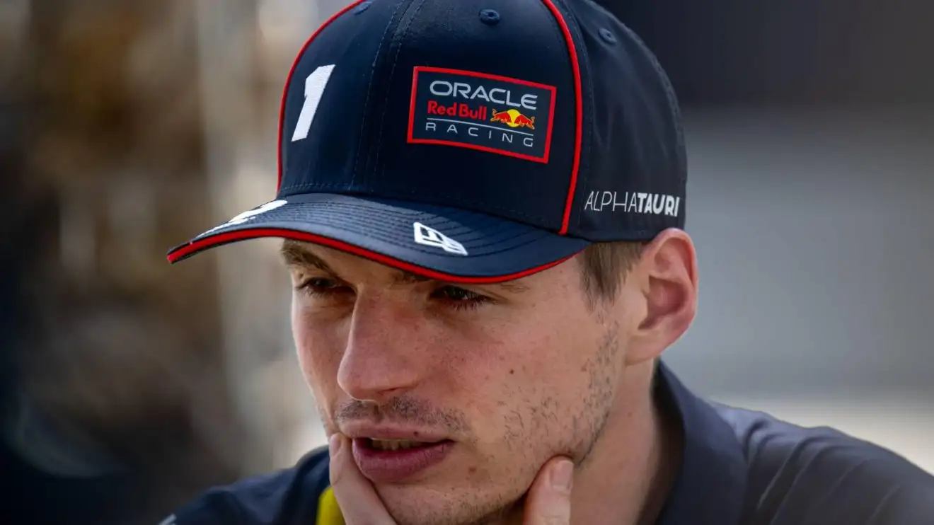 c-154 Red Bull's Max Verstappen in thought during an interview at the 2025 Bahrain Grand Prix