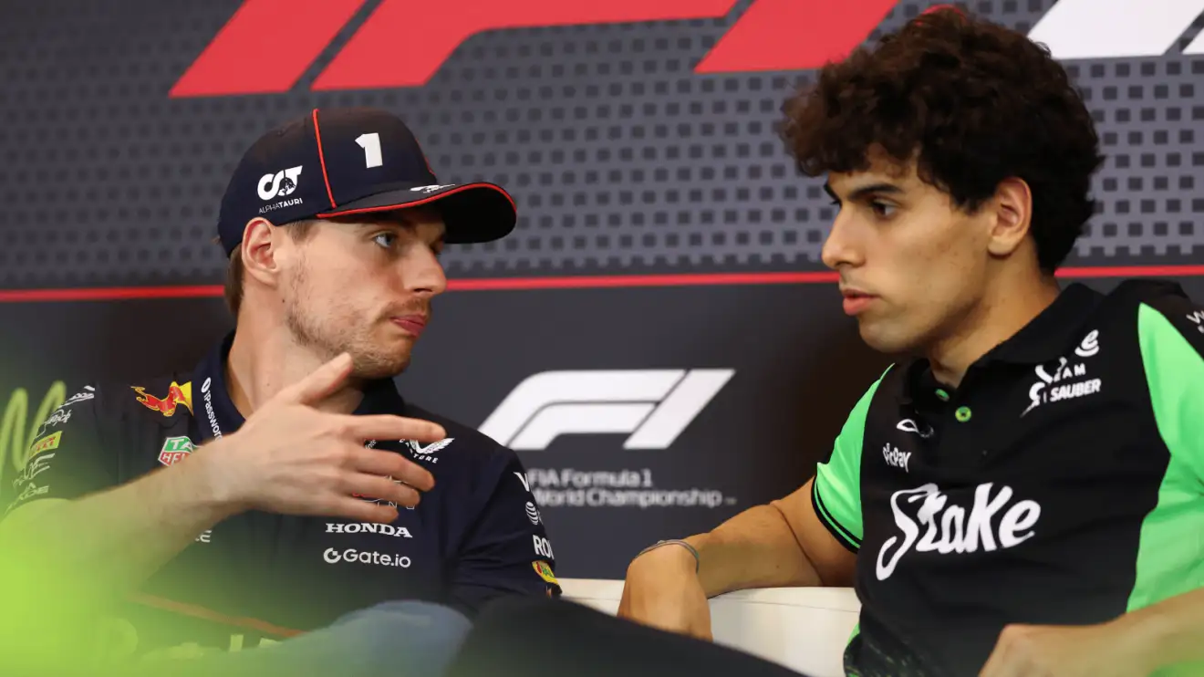 c-1571 Max Verstappen and Gabriel Bortoleto in conversation in a press conference in Monaco