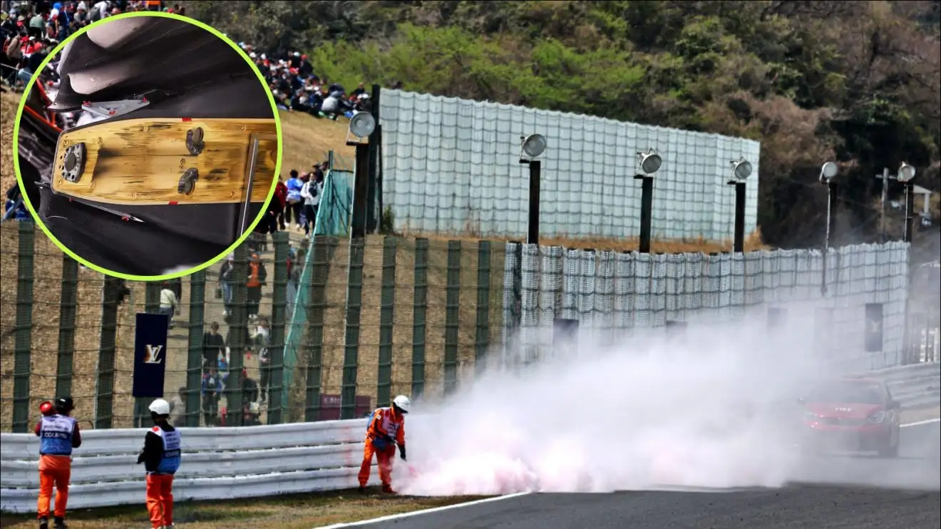c-1660 Grass fire at the Japanese Grand Prix (skid inset)