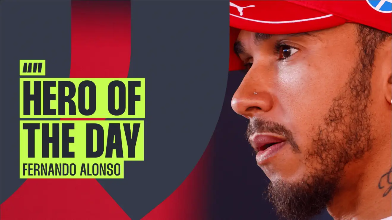 c-1741 A close-up shot of Lewis Hamilton alongside a quote by Fernando Alonso reading: 'Hero of the day'