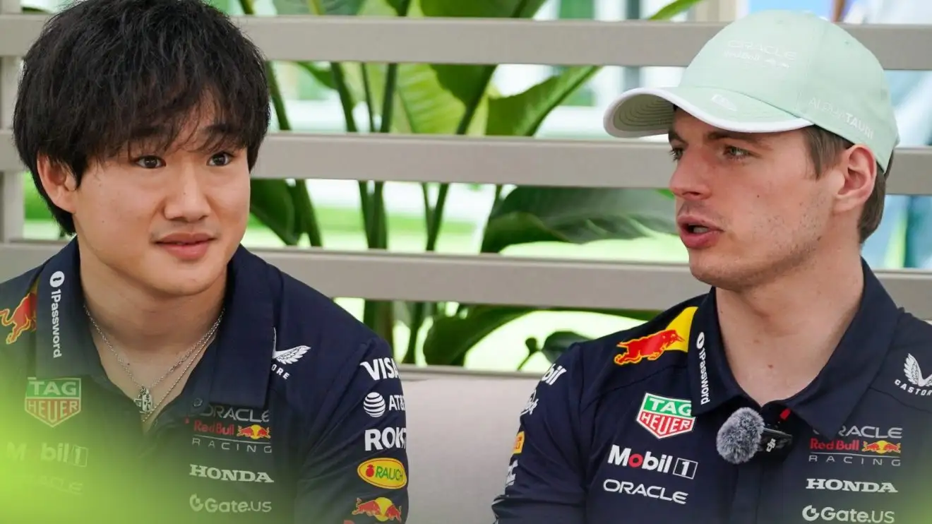 c-1744 Red Bull's Yuki Tsunoda and Max Verstappen pictured at the 2025 Miami Grand Prix