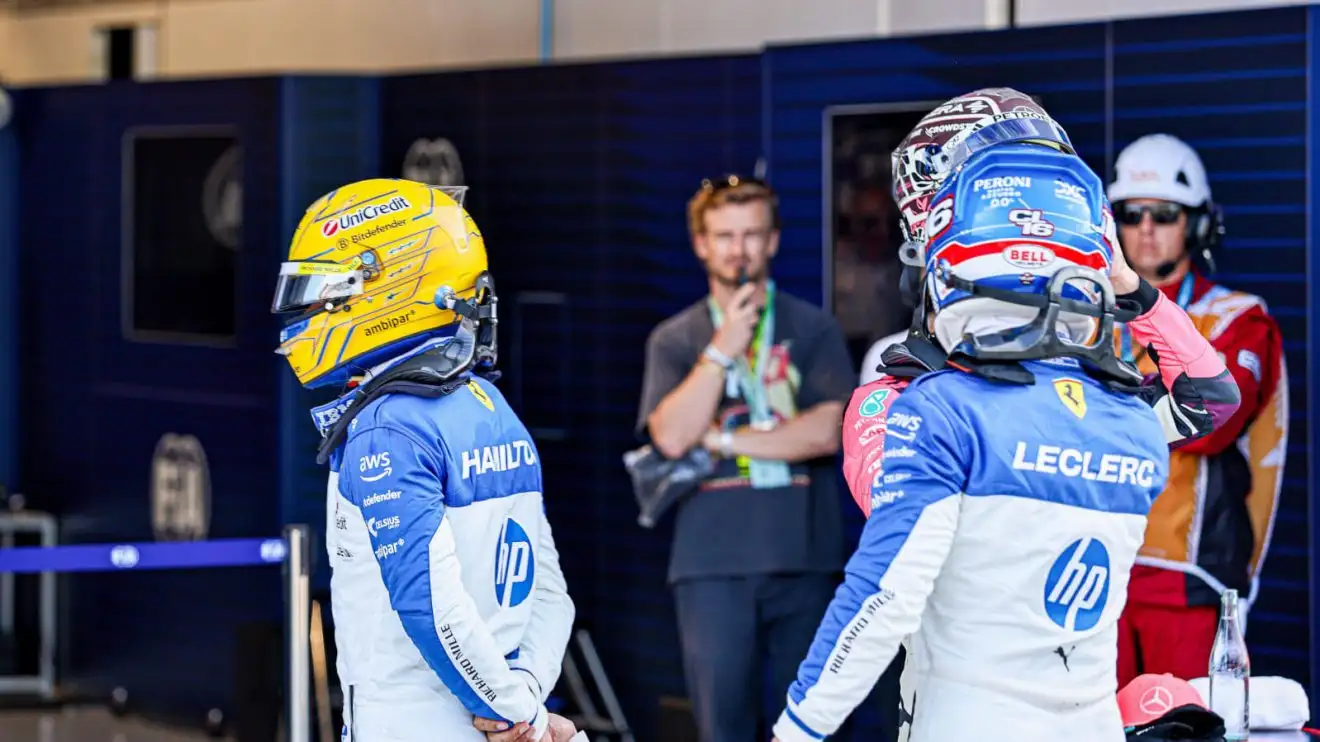 c-175 Lewis Hamilton and Charles Leclerc congratulate Kimi Antonelli