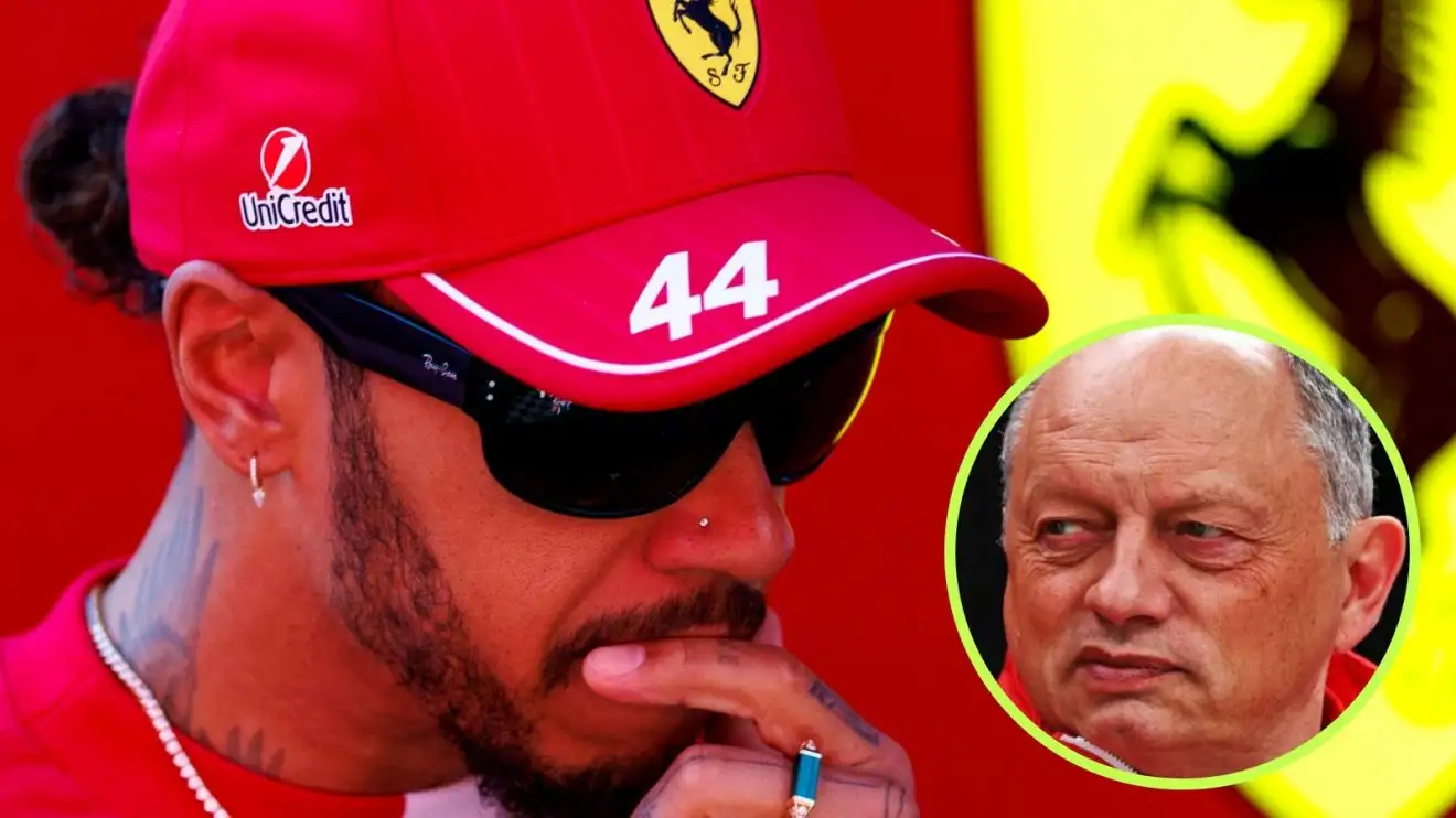 c-1762 Ferrari's Lewis Hamilton in thought, with team principal Fred Vasseur in a circle bottom right