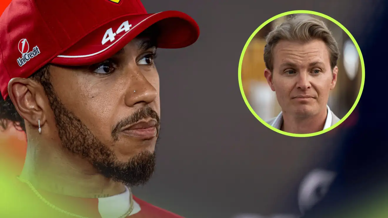 c-1765 Lewis Hamilton looking into the distance with an inset of Nico Rosberg alongside him