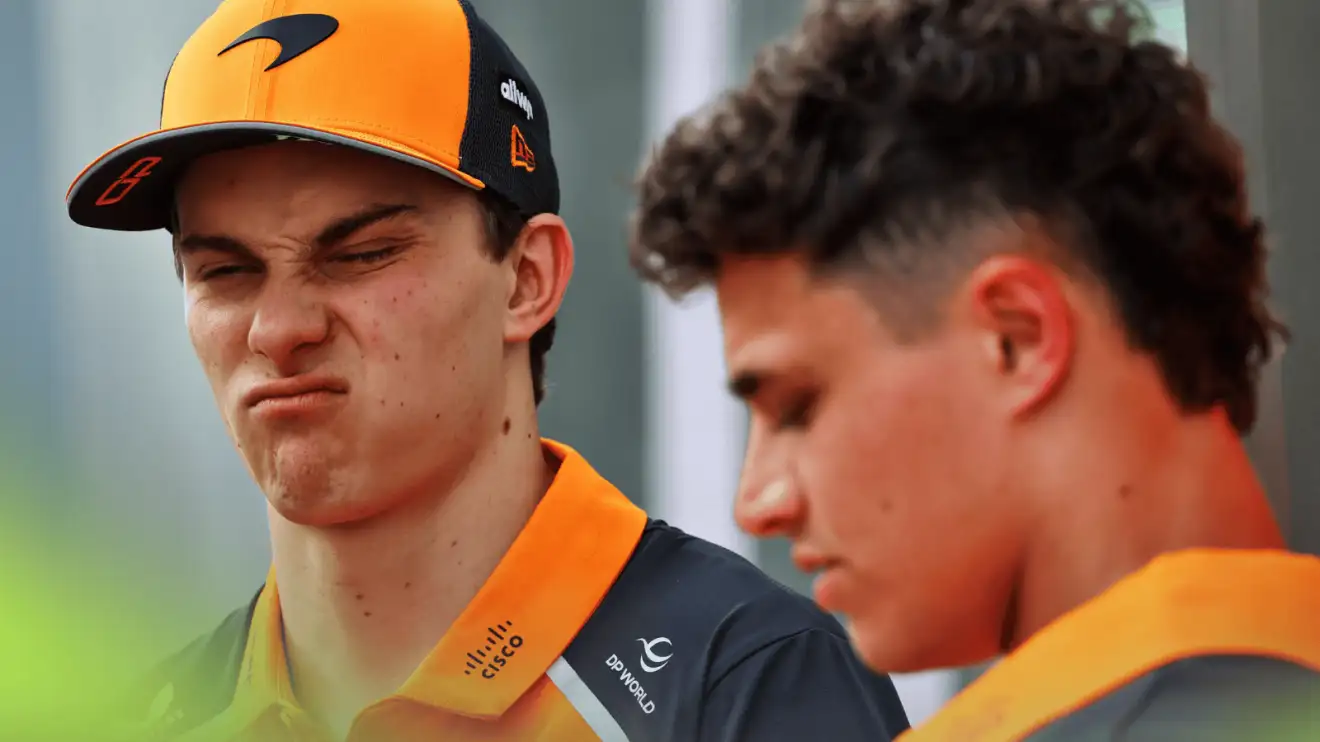c-25 Oscar Piastri pulls a face as Lando Norris looks on in the Saudi Arabian GP paddock