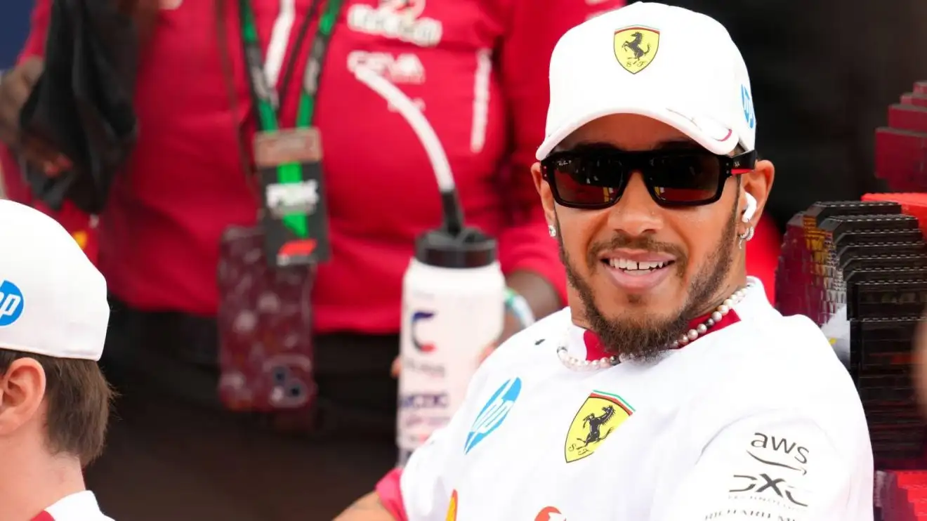 c-265 Lewis Hamilton sat in the bespoke, full-size LEGO Ferrari on the 2025 Miami Grand Prix drivers' parade