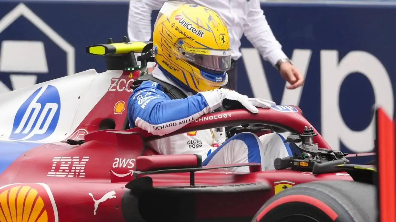 c-273 Lewis Hamilton exits the Ferrari cockpit at the 2025 Miami Grand Prix