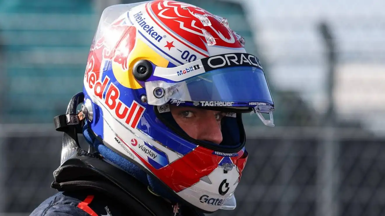 c-318 Red Bull's Max Verstappen looks out from his helmet at the 2025 Miami Grand Prix