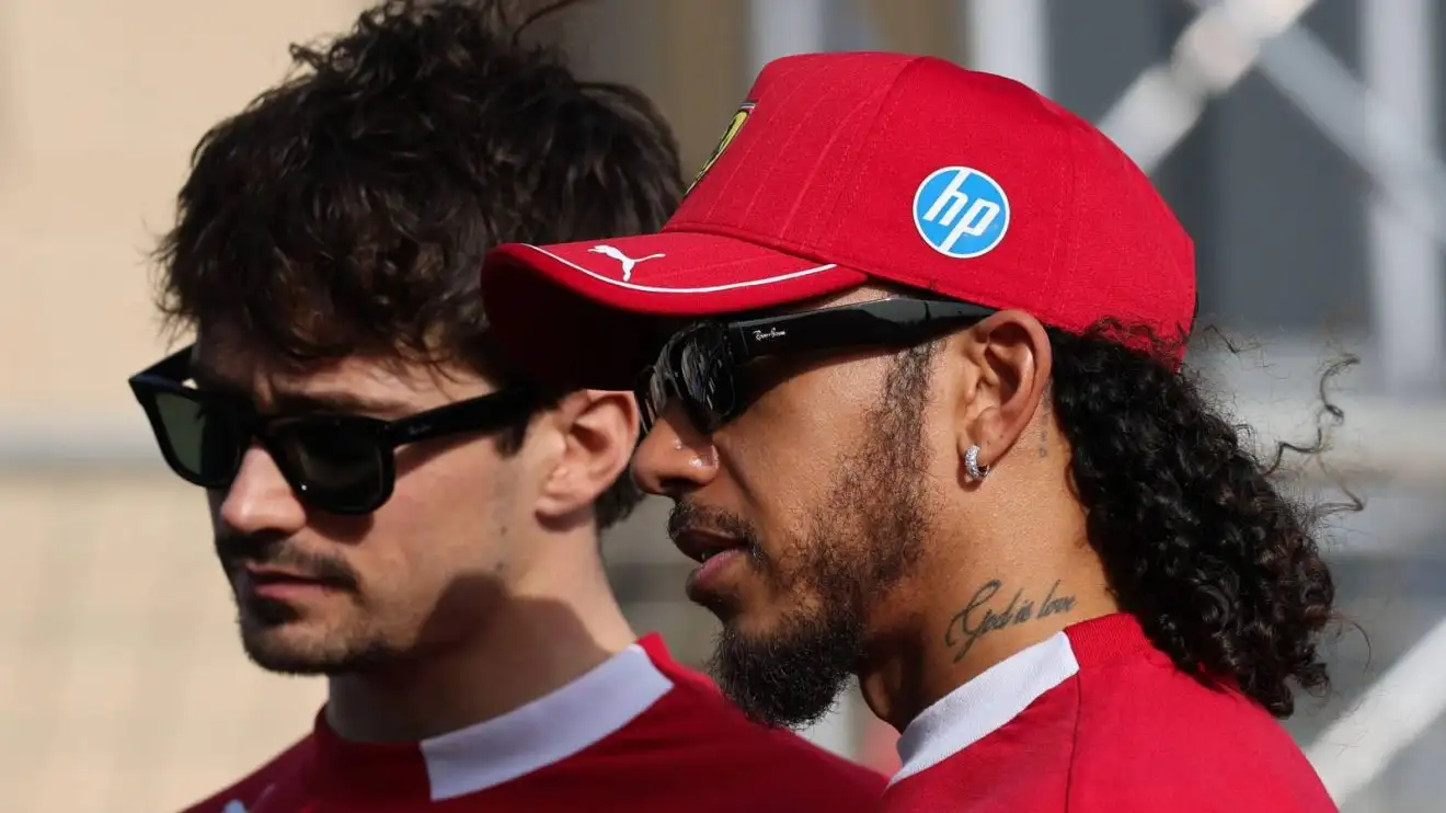 c-327 Ferrari's Charles Leclerc and Lewis Hamilton speaking at the 2025 Bahrain Grand Prix