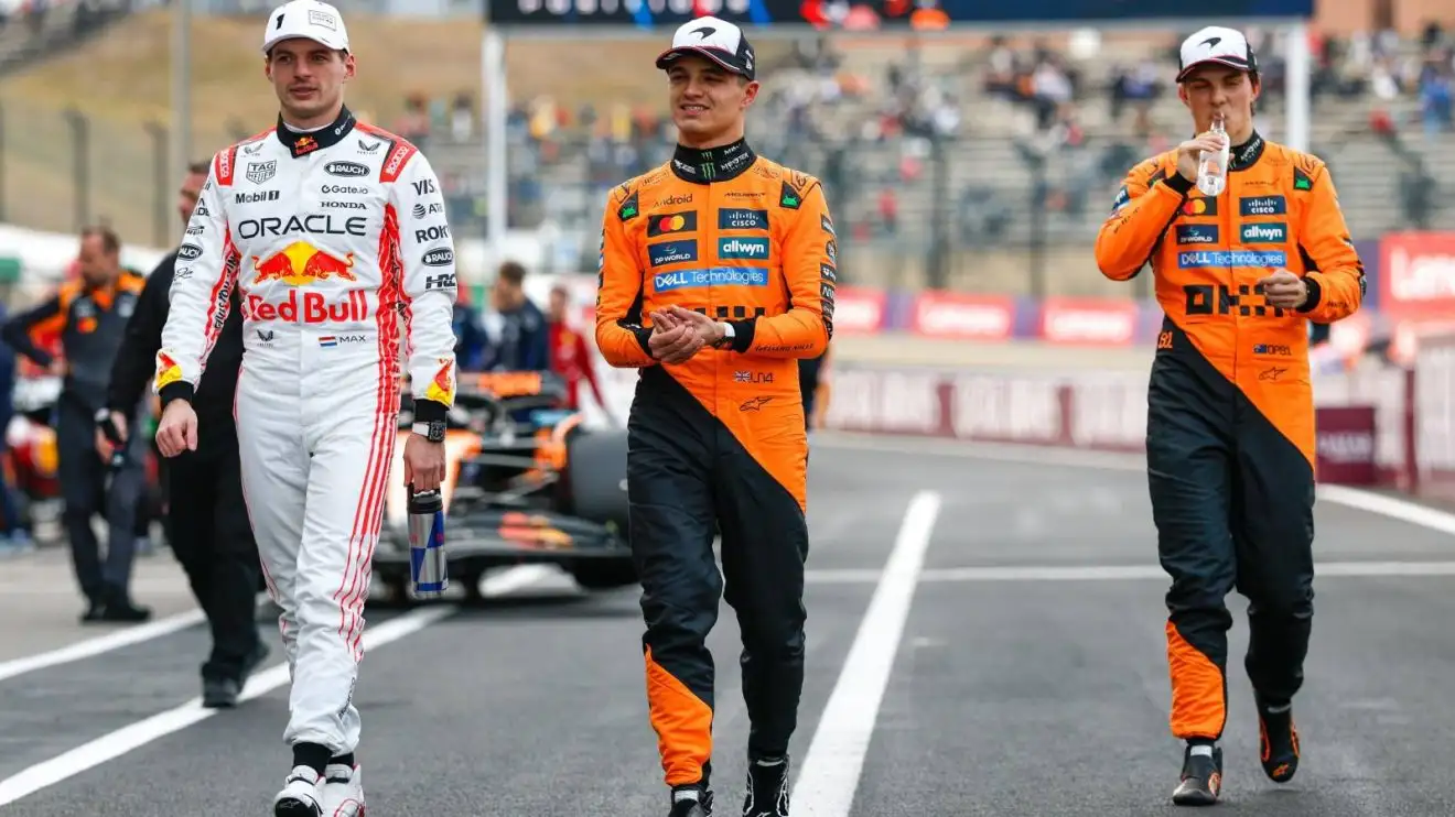 c-363 Max Verstappen, Lando Norris and Oscar Piastri walk together at the 2025 Japanese Grand Prix