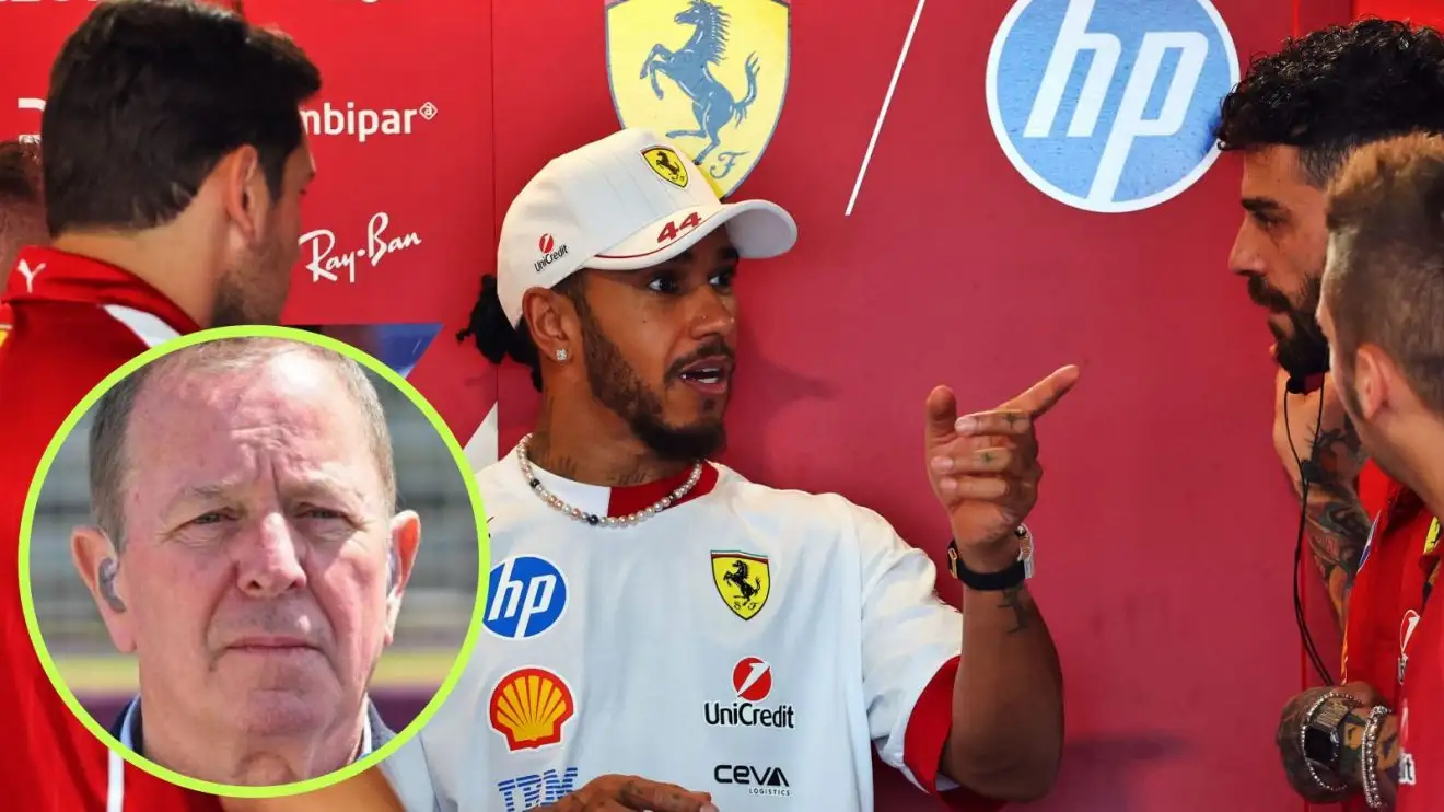 c-440 Lewis Hamilton speaking with his Ferrari crew at the 2025 Miami Grand Prix, with Martin Brundle in a circle bottom left