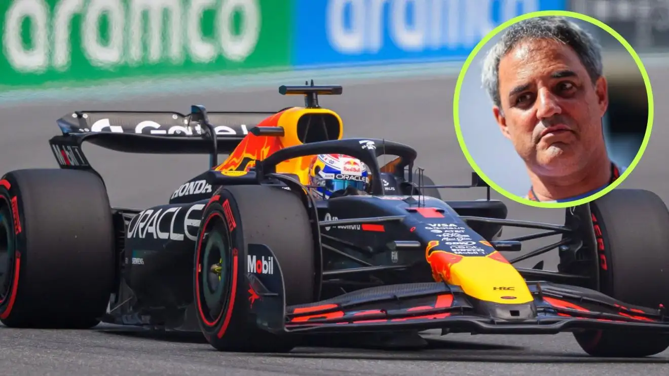 c-446 Max Verstappen driving the Red Bull RB21 at the 2025 Miami Grand Prix, as Juan Pablo Montoya looks down from a circle top right