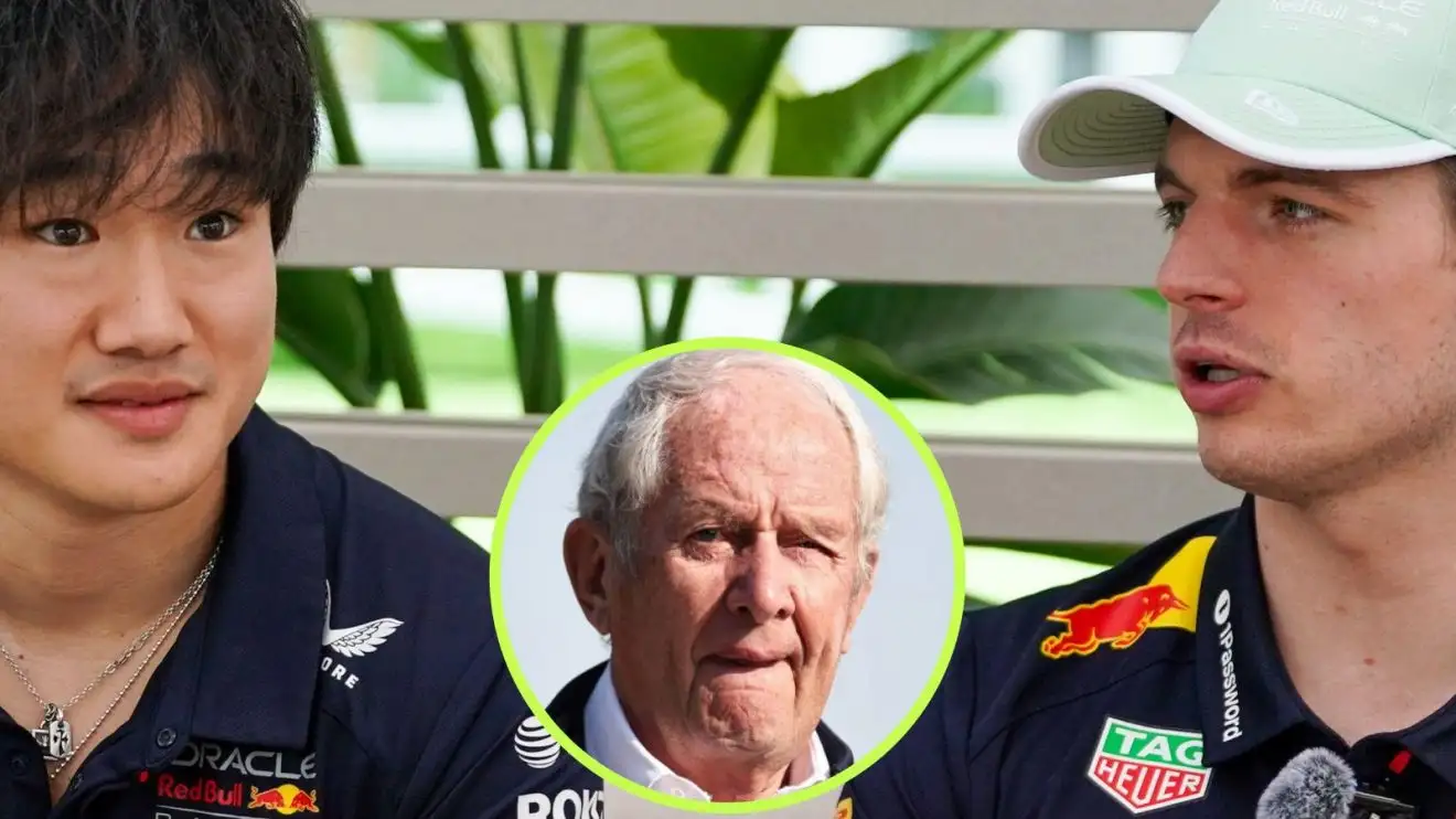c-500 Yuki Tsunoda and Max Verstappen look towards each other at the 2025 Miami Grand Prix, with Helmut Marko in a circle bottom centre