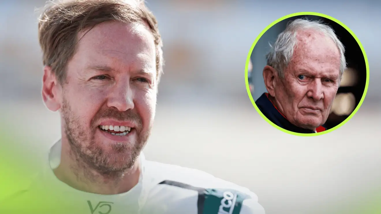c-596 Sebastian Vettel speaks during an interview with an inset of Helmut Marko