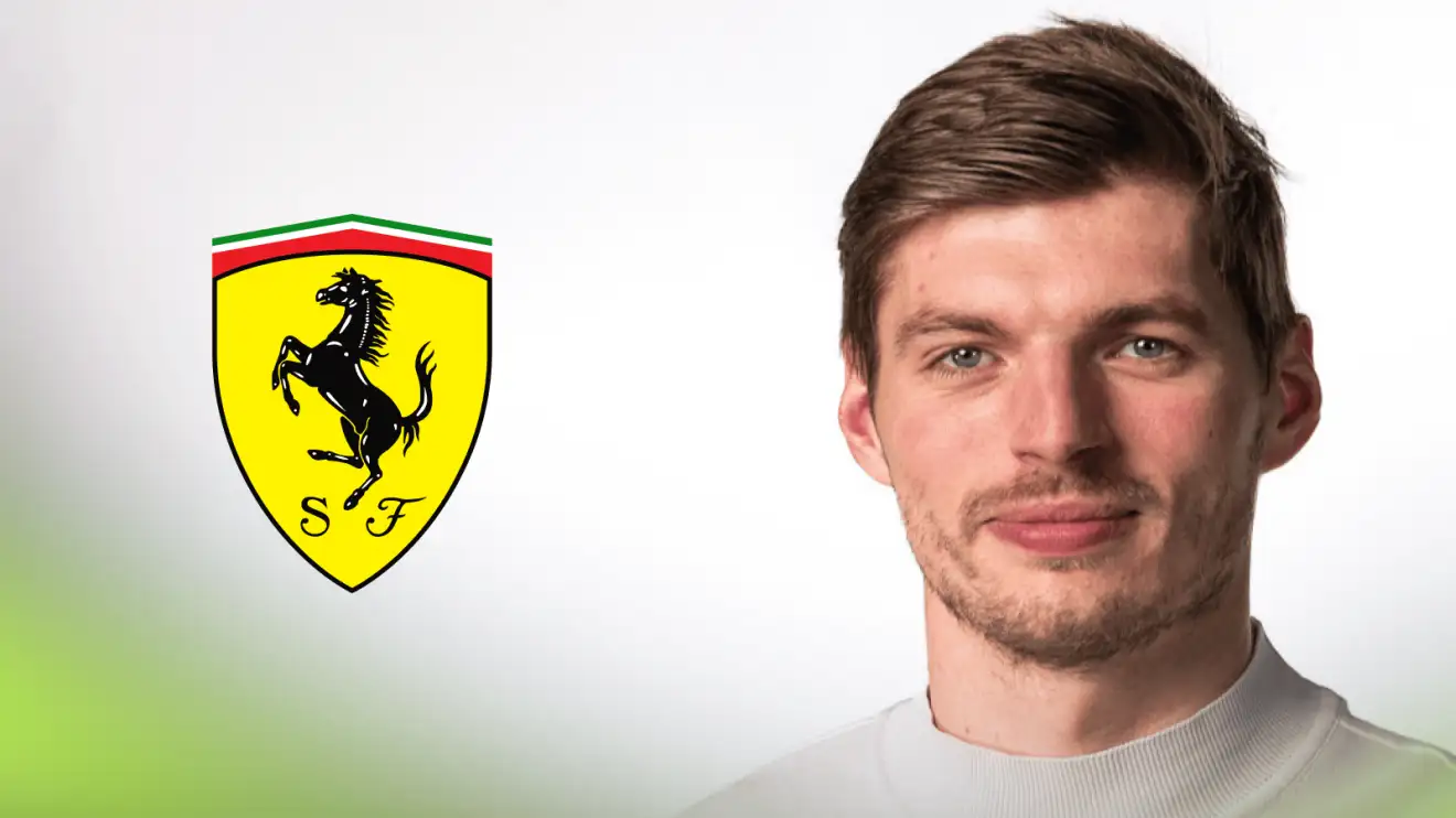c-599 A studio shot of Max Verstappen against a white background with a prominent Ferrari logo alongside him
