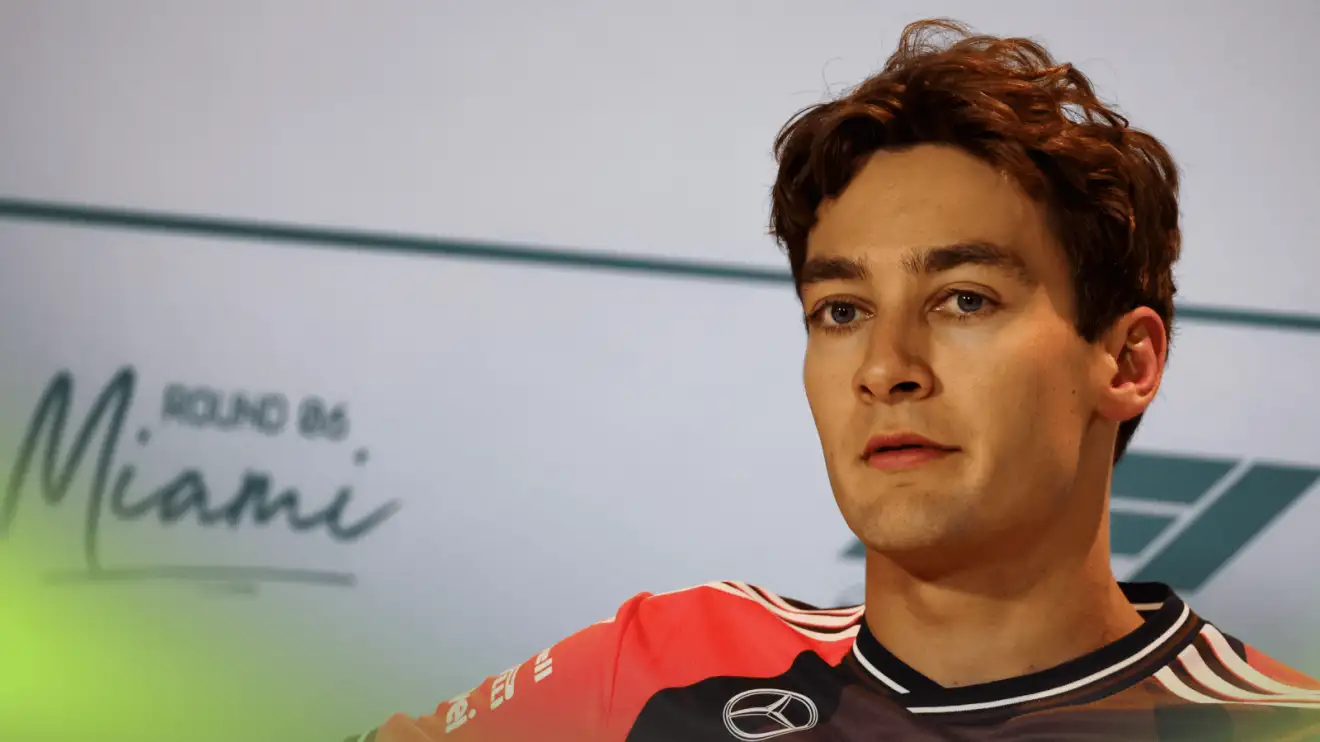 c-623 George Russell looks on during a press conference in Miami