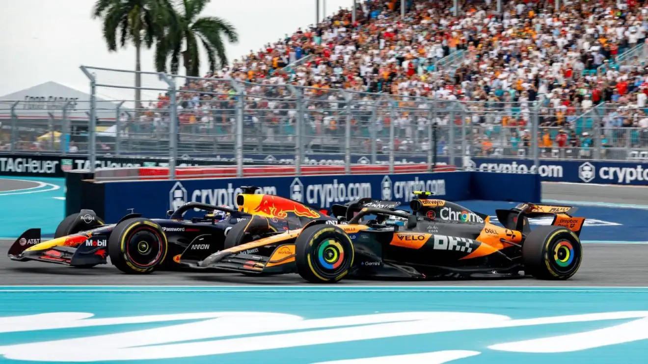 c-626 McLaren's Lando Norris and Red Bull's Max Verstappen battle in Miami.
