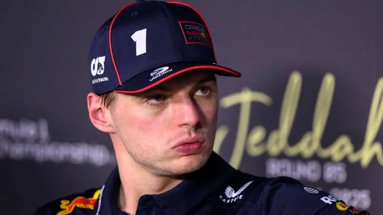 c-707 Red Bull's Max Verstappen looking stern in a press conference at the 2025 Saudi Arabian Grand Prix