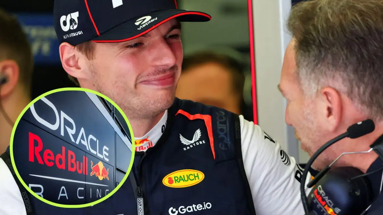 Max Verstappen, Christian Horner and Red Bull signage