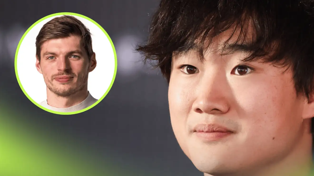 c-854 A close-up shot of Yuki Tsunoda with an inset of Max Verstappen