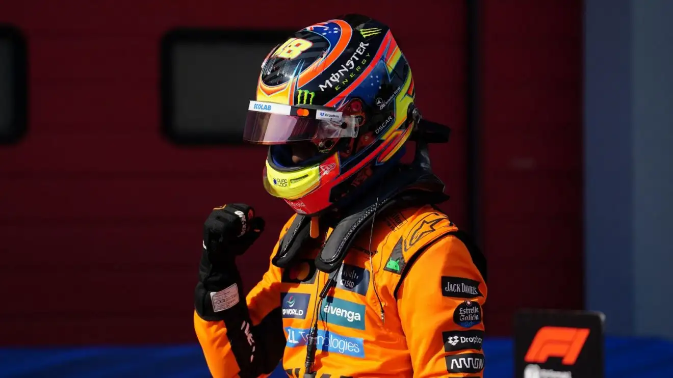 c-969 Oscar Piastri punches the air after climbing out of his McLaren having qualified on pole for the Emilia Romagna Grand Prix.