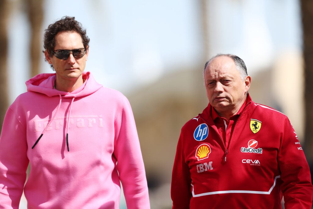 gettyimages-2202491852-1024x683-1 John Elkann and Ferrari team principal Fred Vasseur walking through the paddock at the 2025 Bahrain Grand Prix