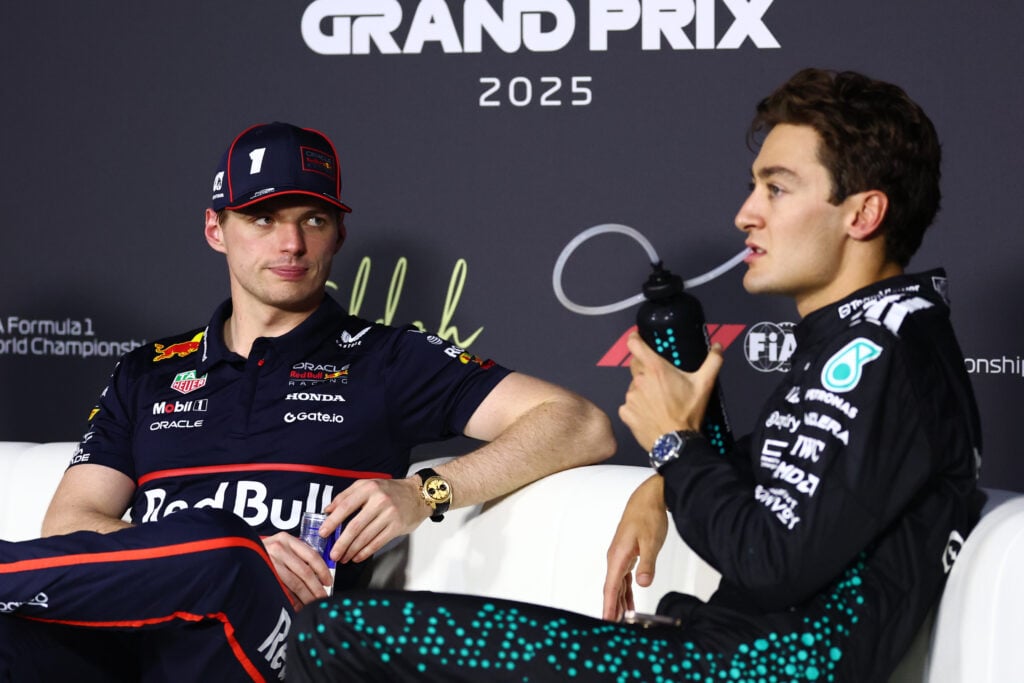 gettyimages-2211027259-1024x683-1 Red Bull Racing driver Max Verstappen and Mercedes driver George Russell in the press conference at the Saudi Arabian Grand Prix
