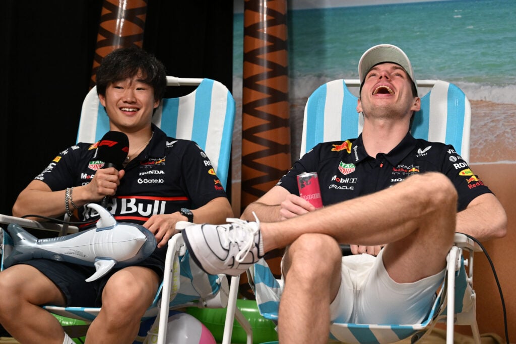 gettyimages-2213209574-1024x683-1 Red Bull Racing drivers Yuki Tsunoda and Max Verstappen laughing at the Miami Grand Prix