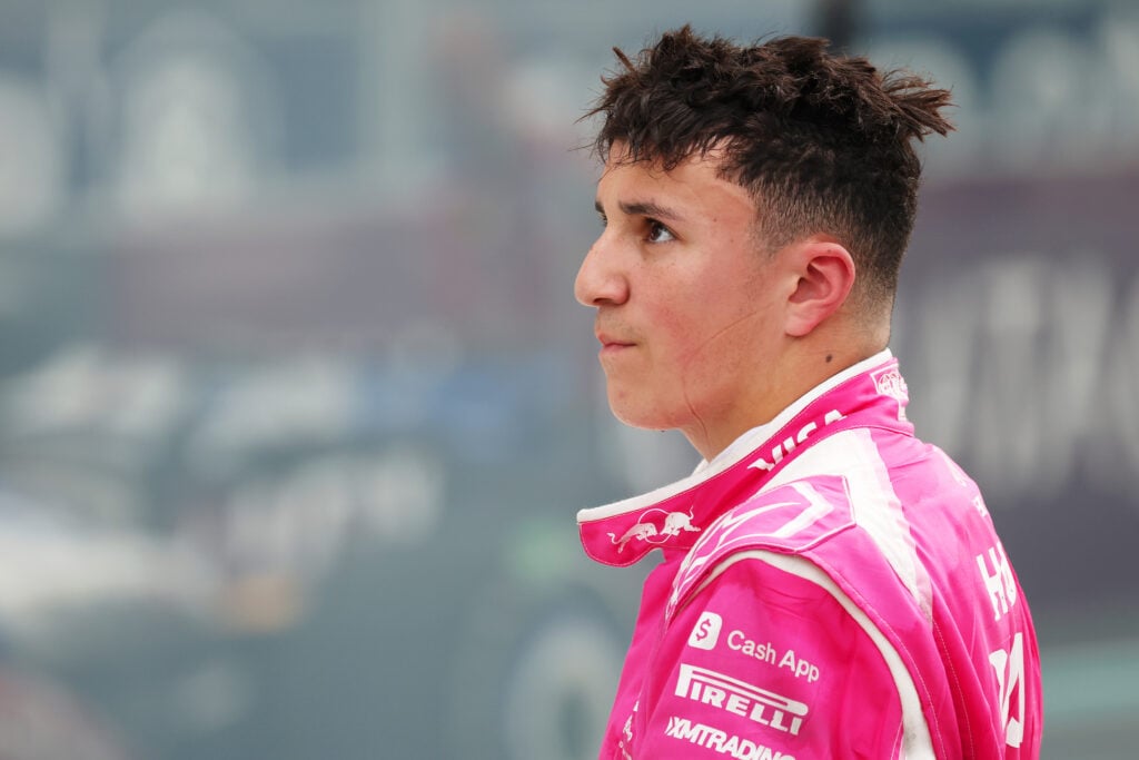 Racing Bulls driver Isack Hadjar reacts after finishing the 2025 F1 Miami Grand Prix in P11