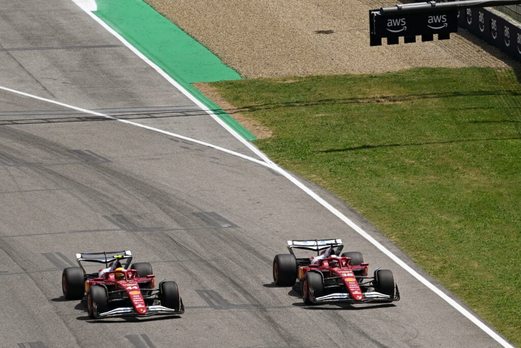 gettyimages-2215558217-1024x683-1 Ferrari drivers Charles Leclerc and Lewis Hamilton on track during practice for the 2025 F1 Emilia Romagna Grand Prix at Imola