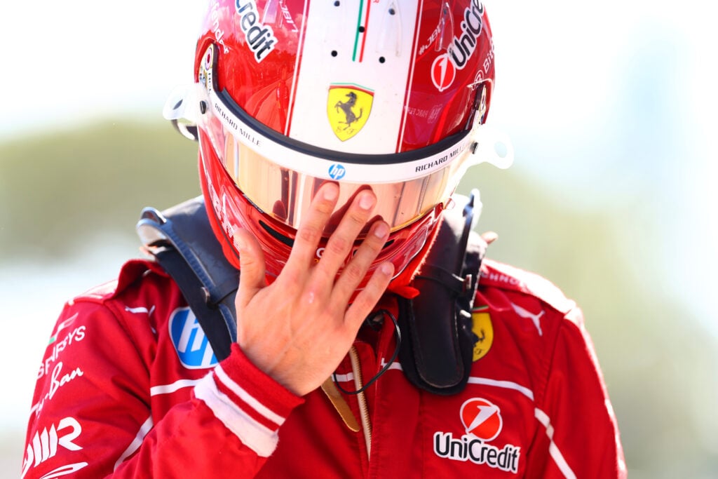 gettyimages-2215574301-1024x683-1 Ferrari driver Charles Leclerc reacts after qualifying for the 2025 F1 Emilia Romagna Grand Prix at Imola