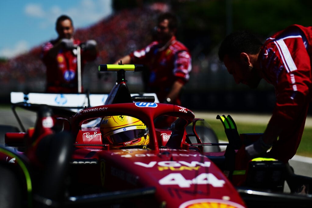 gettyimages-2215735569-1024x683-1 Ferrari driver Lewis Hamilton sitting on the grid ahead of the 2025 Emilia Romagna Grand Prix
