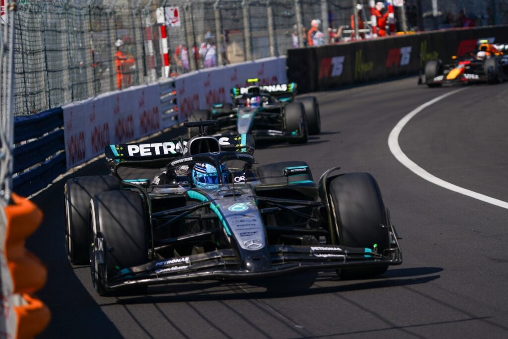 Mercedes driver George Russell on track during the 2025 F1 Monaco Grand Prix