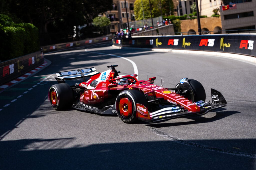 Ferrari driver Charles Leclerc racing at the 2025 Monaco Grand Prix