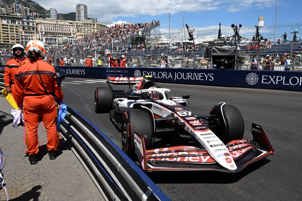 gettyimages-2216683714-1024x682-1 Haas driver Oliver Bearman on track during practice for the 2025 F1 Monaco Grand Prix