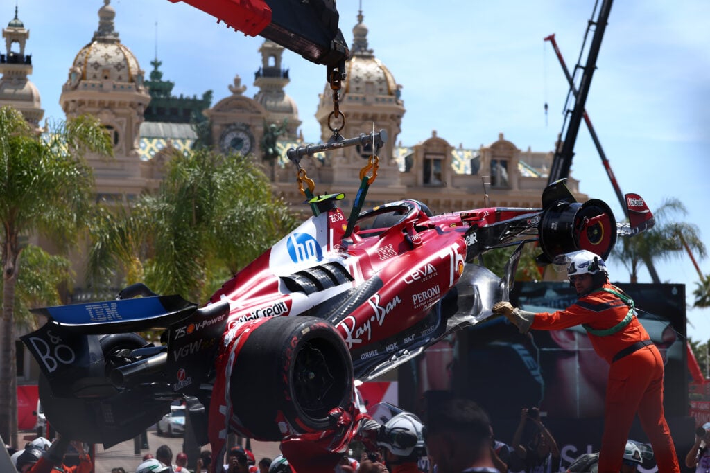 gettyimages-2216822319-1024x683-1 Marshalls lift the Ferrari of Lewis Hamilton after his crash in FP3 for the 2025 F1 Monaco Grand Prix