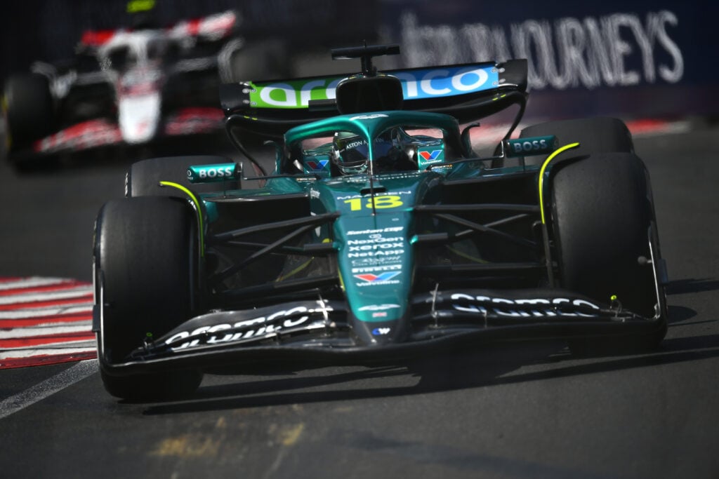 Aston Martin driver Lance Stroll racing at the 2025 Monaco Grand Prix