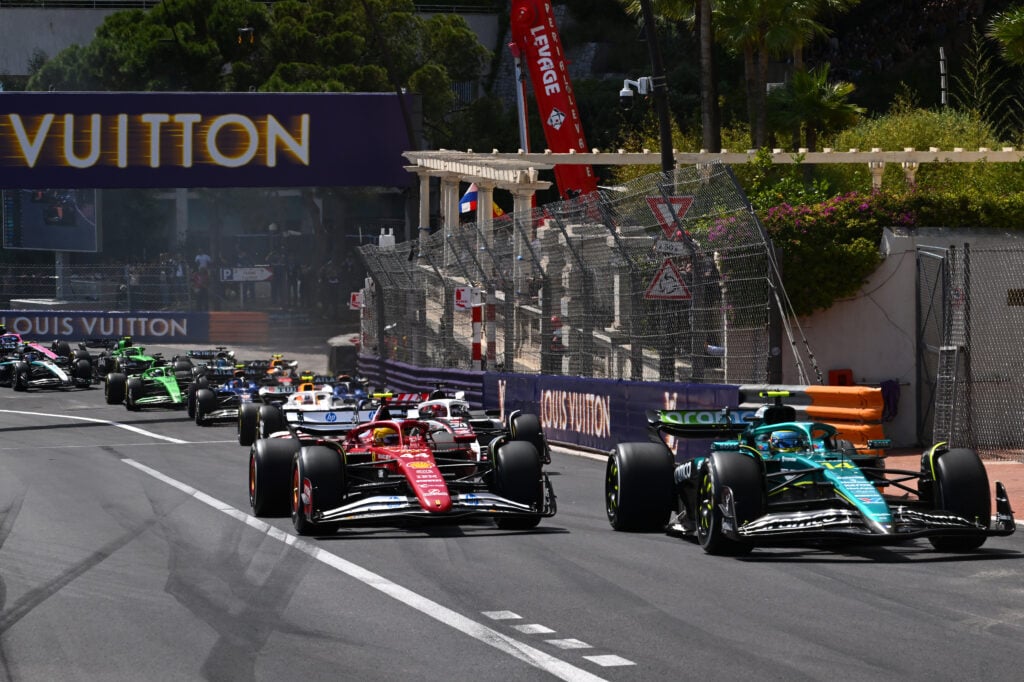 gettyimages-2216993017-2-1024x682-1 Aston Martin driver Fernando Alonso leading a group of F1 cars at the 2025 Monaco Grand Prix