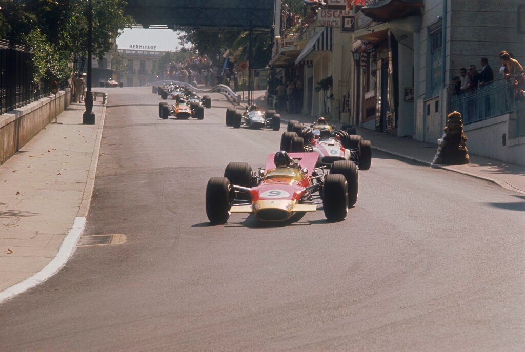 Graham Hill's Lotus leading John Surtees' Honda, Monaco Grand Prix, 1968.