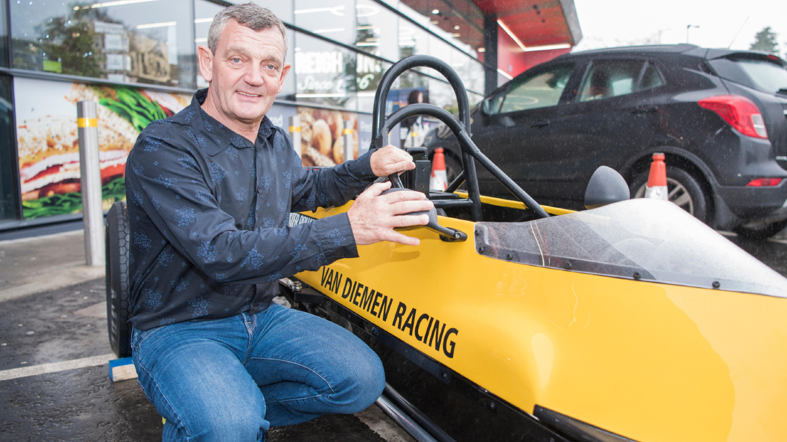 tommy-byrne-formula-ford-2017 Tommy Byrne poses with a Van Diemen in Belfast, 2017.