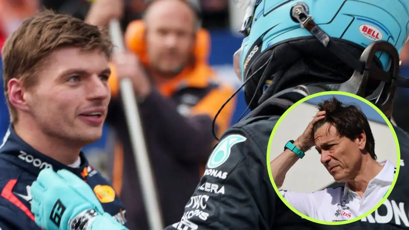 c-102 Max Verstappen and George Russell with Toto Wolff