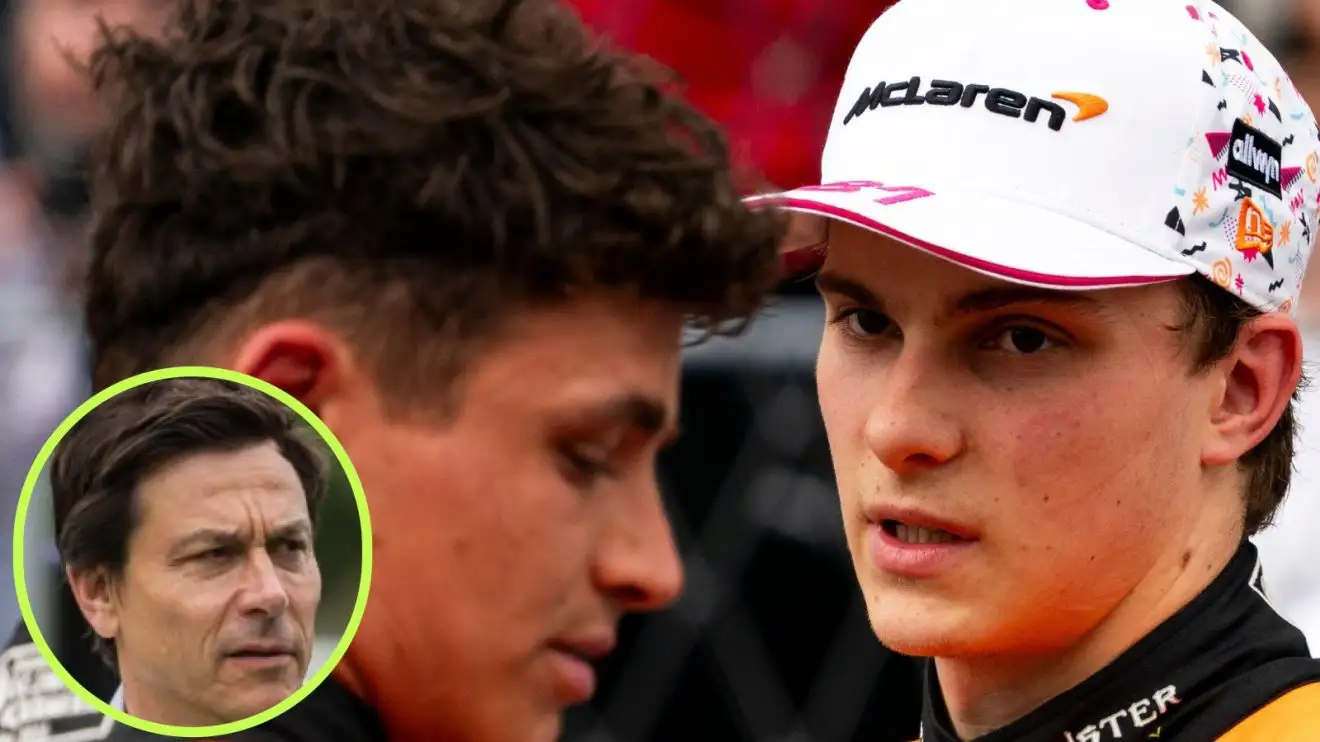c-1051 Oscar Piastri looks towards McLaren team-mate Lando Norris, with Toto Wolff in a circle bottom left