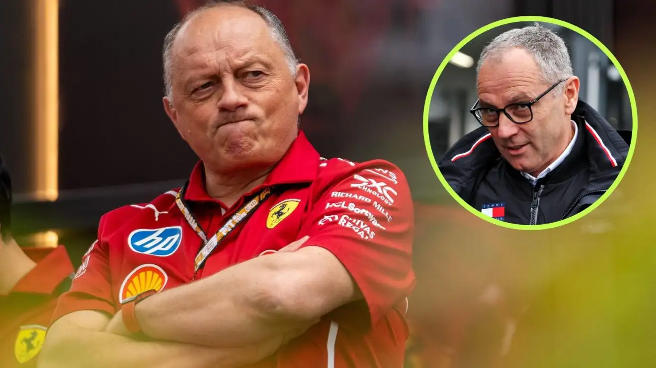 c-1072 Ferrari team principal Fred Vasseur pictured at the 2025 Australian Grand Prix, as F1 president Stefano Domenicali looks his way from a circle top right