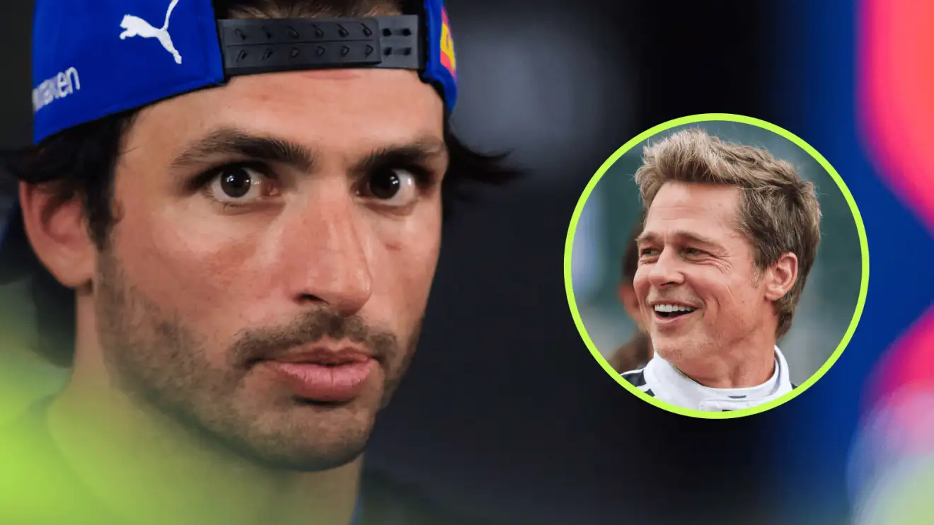 c-1096 Carlos Sainz looks worried as he eyes the camera with an inset of Brad Pitt laughing