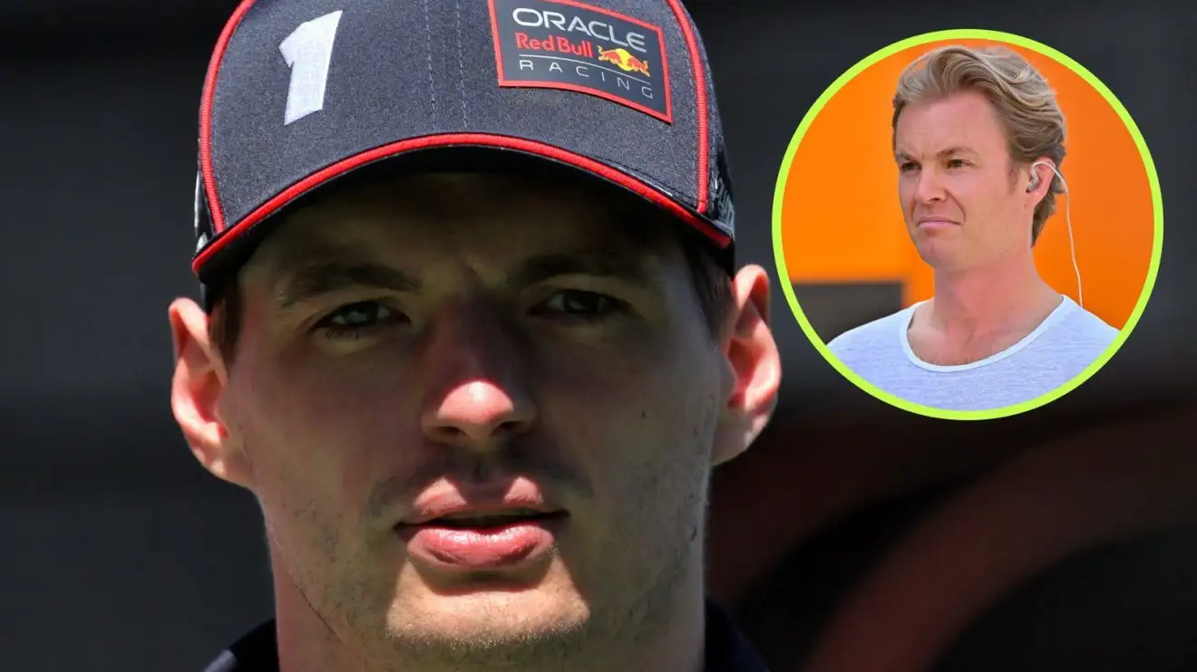 c-117 Max Verstappen looks towards the camera at the 2025 Spanish Grand Prix, as Nico Rosberg looks his way from a circle top right