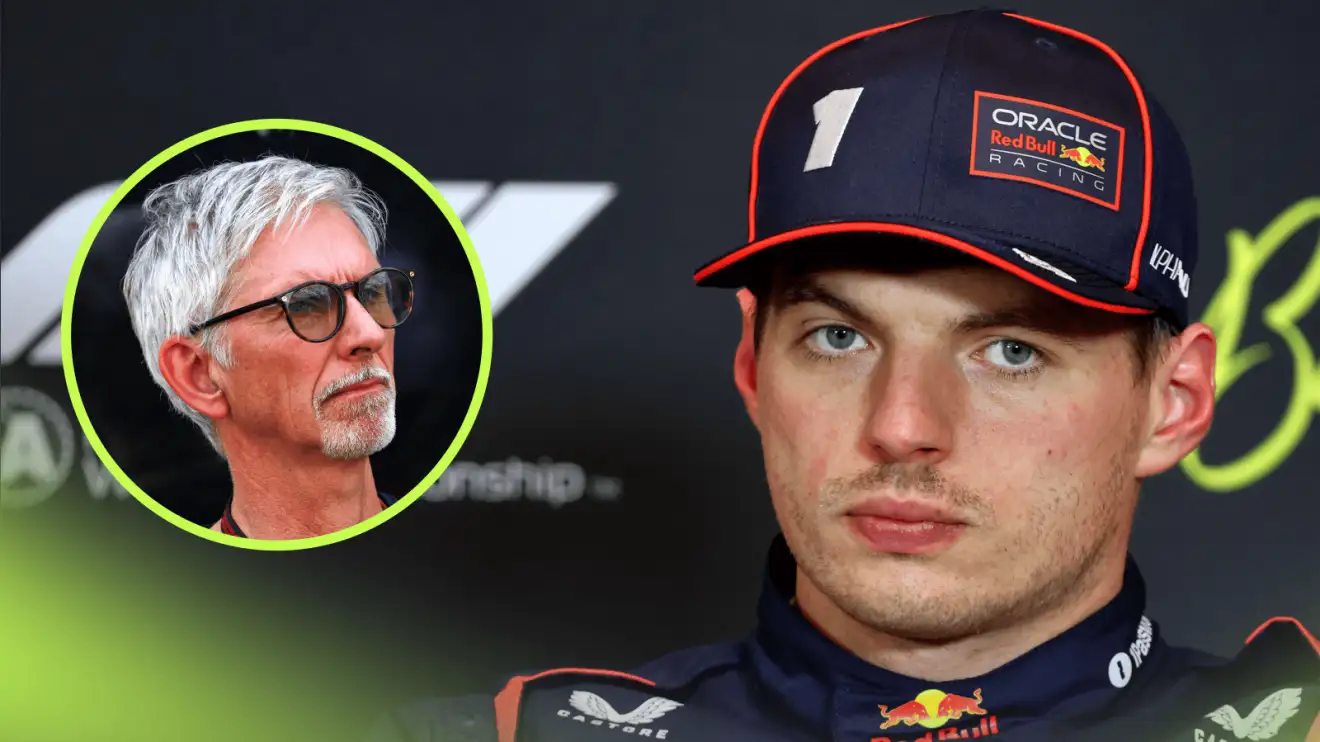 c-129 Max Verstappen looks on in a press conference with an inset of Damon Hill alongside him